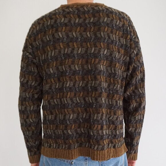 VTG 80s Scandia Woods Brown Olive Green 3D Biggie Cosby Crewneck Knit Sweater M - Picture 2 of 9